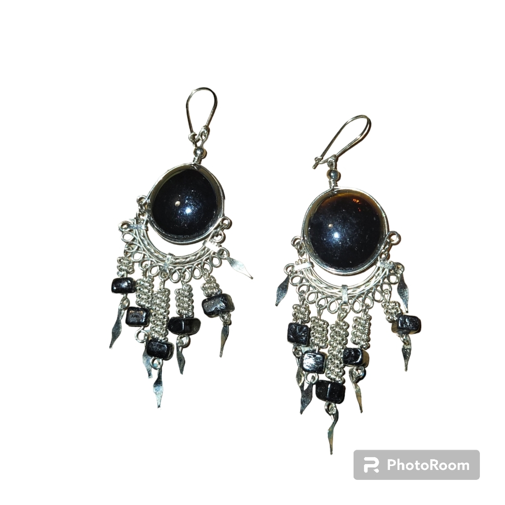 Peruvian Alpaca silver with black stone Chandelier dangle earrings